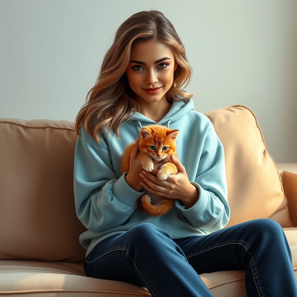 Warm Tranquility: Woman and Kitten in Soft Focus
