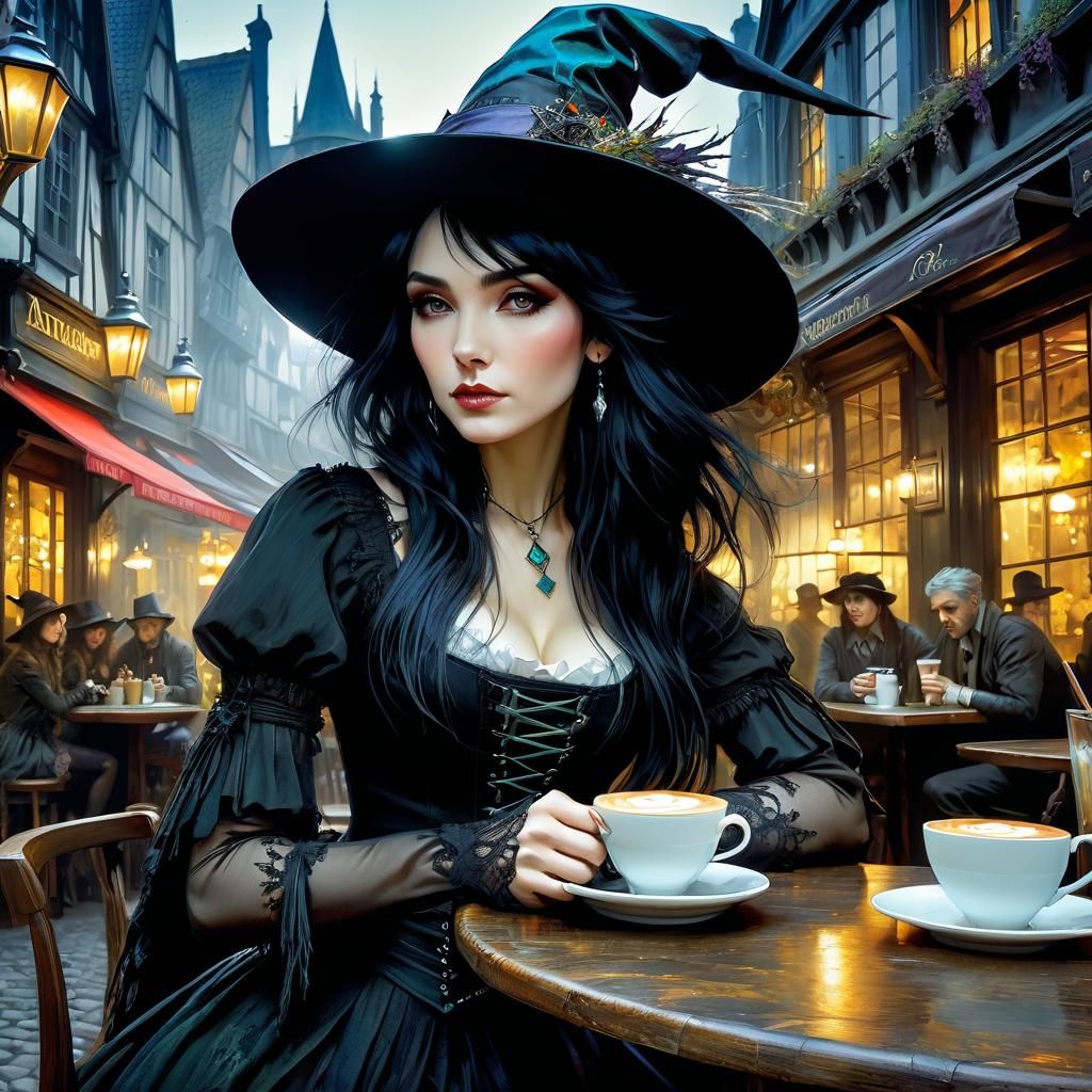 Anime Witch in Cafe at Night