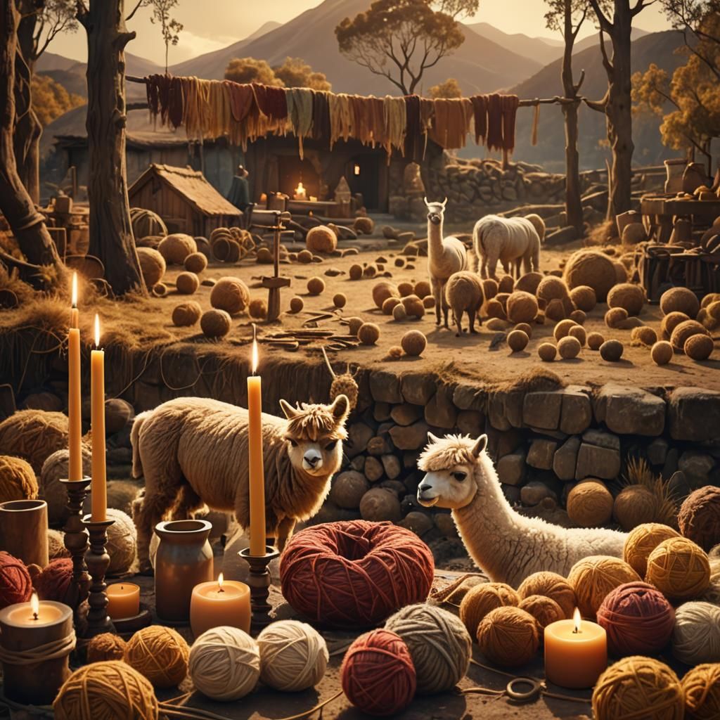 Alpacas and Candle in Natural Fantasy Landscape