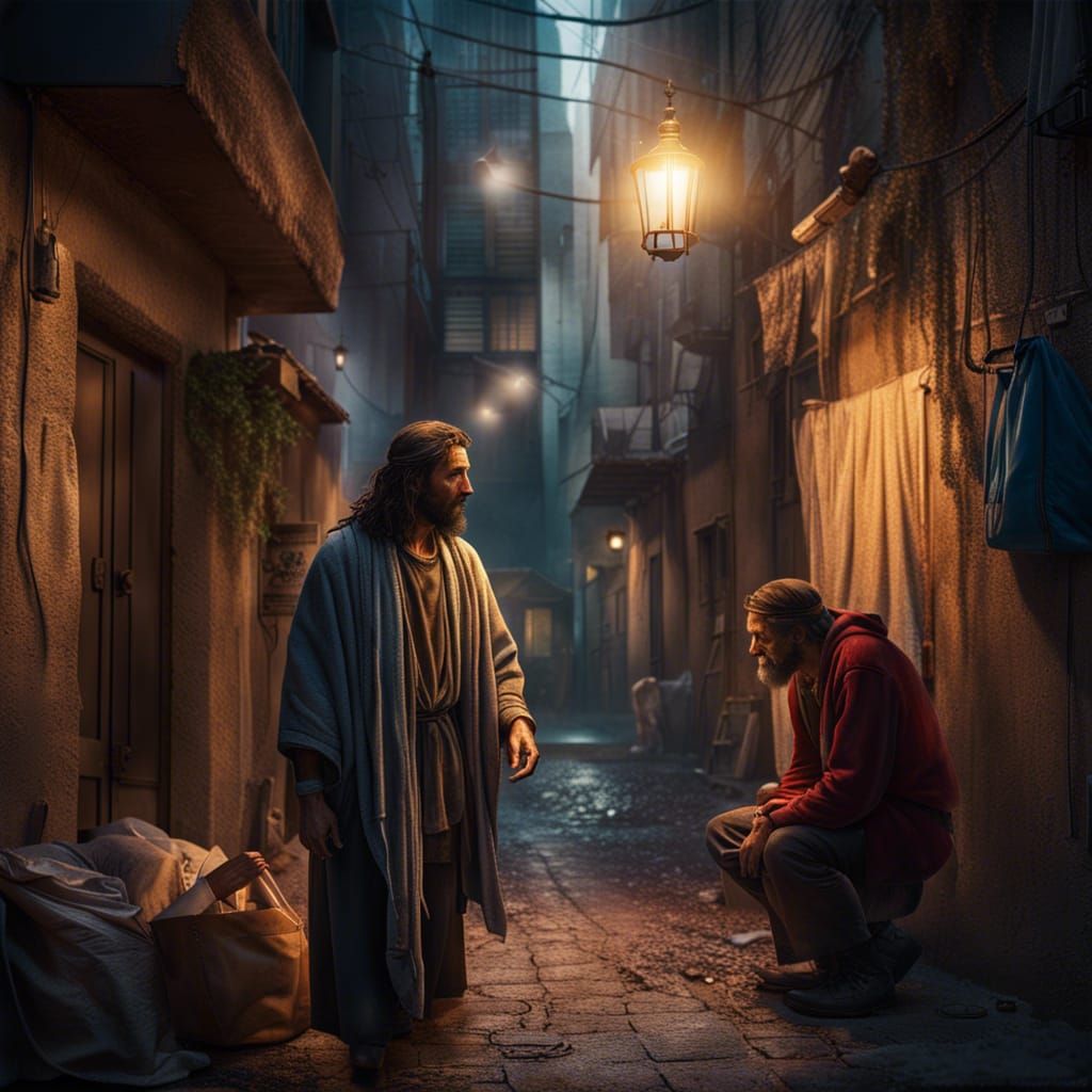 Photorealistic Jesus Helping Homeless Man in Alley