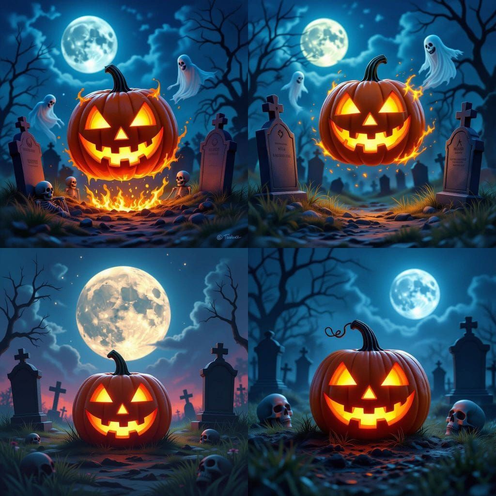 Fiery Jack O Lantern Haunts Graveyard Under Full Moon