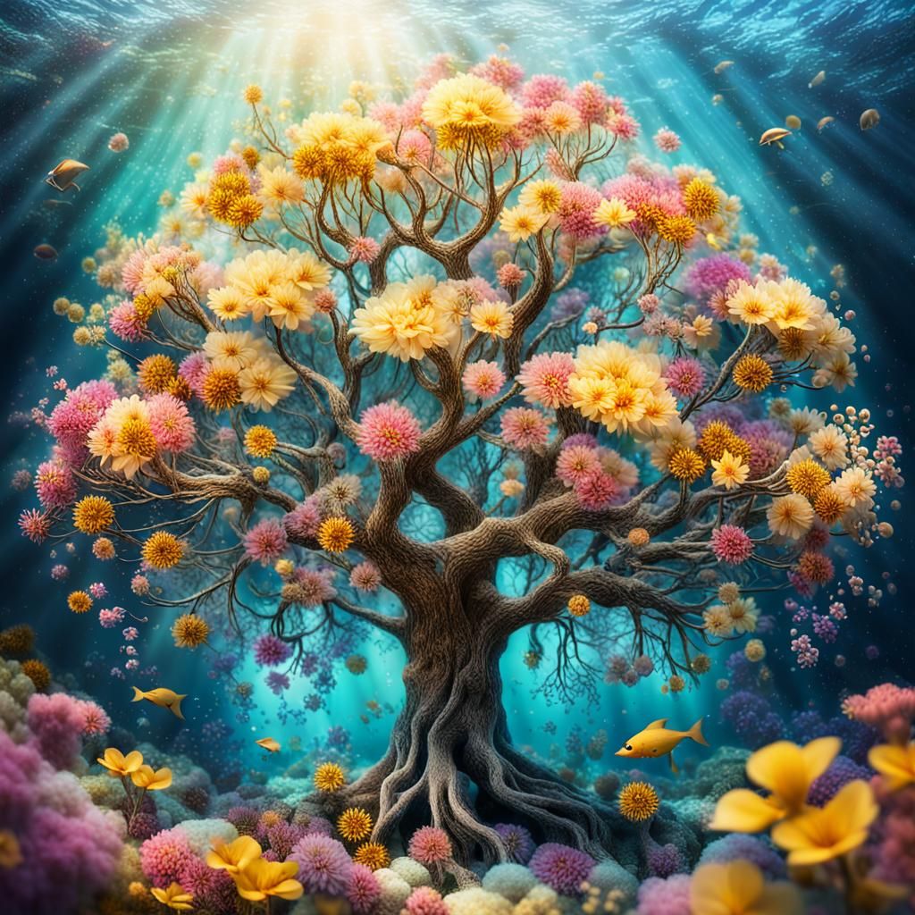 Glowing Life Tree in an Underwater Flower Garden
