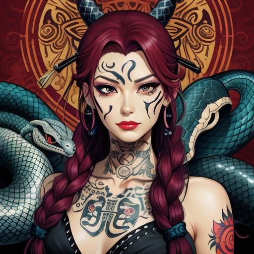 Neo-Traditional Pin-Up Tattoo with Snake: Anime Style