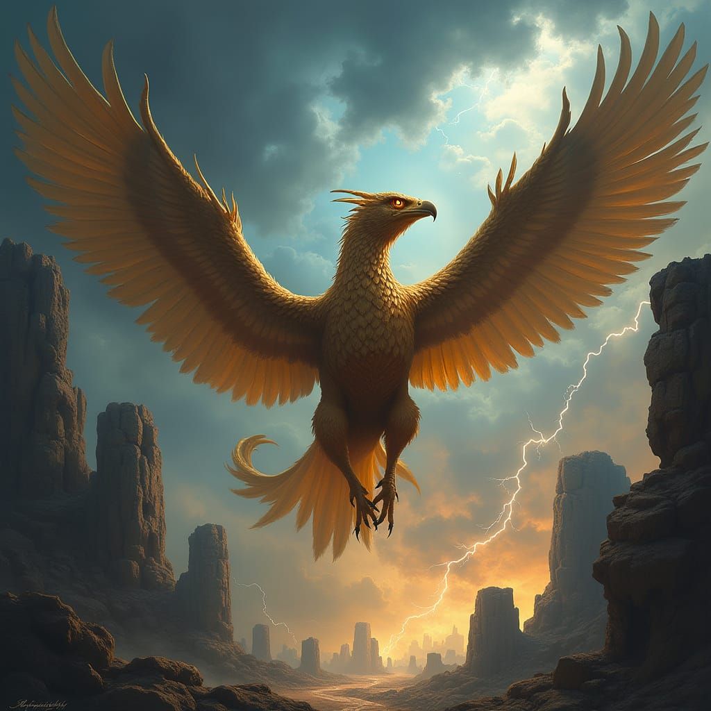 Griffin Soaring Through Stormy Sky in Fantasy Art