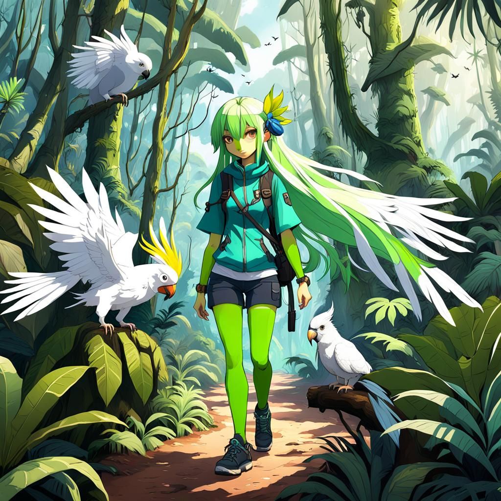 Anime Girl Hiking with Cockatoo in Rainforest