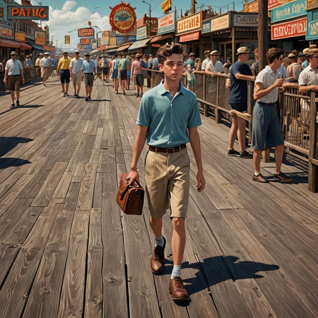Boy Walks Coney Island Boardwalk in 1950s Style