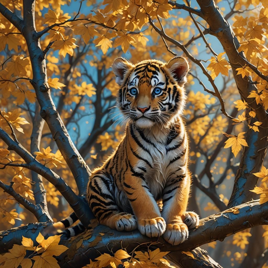 Tiger Cub in Autumn Maple Tree, Fantasy Art