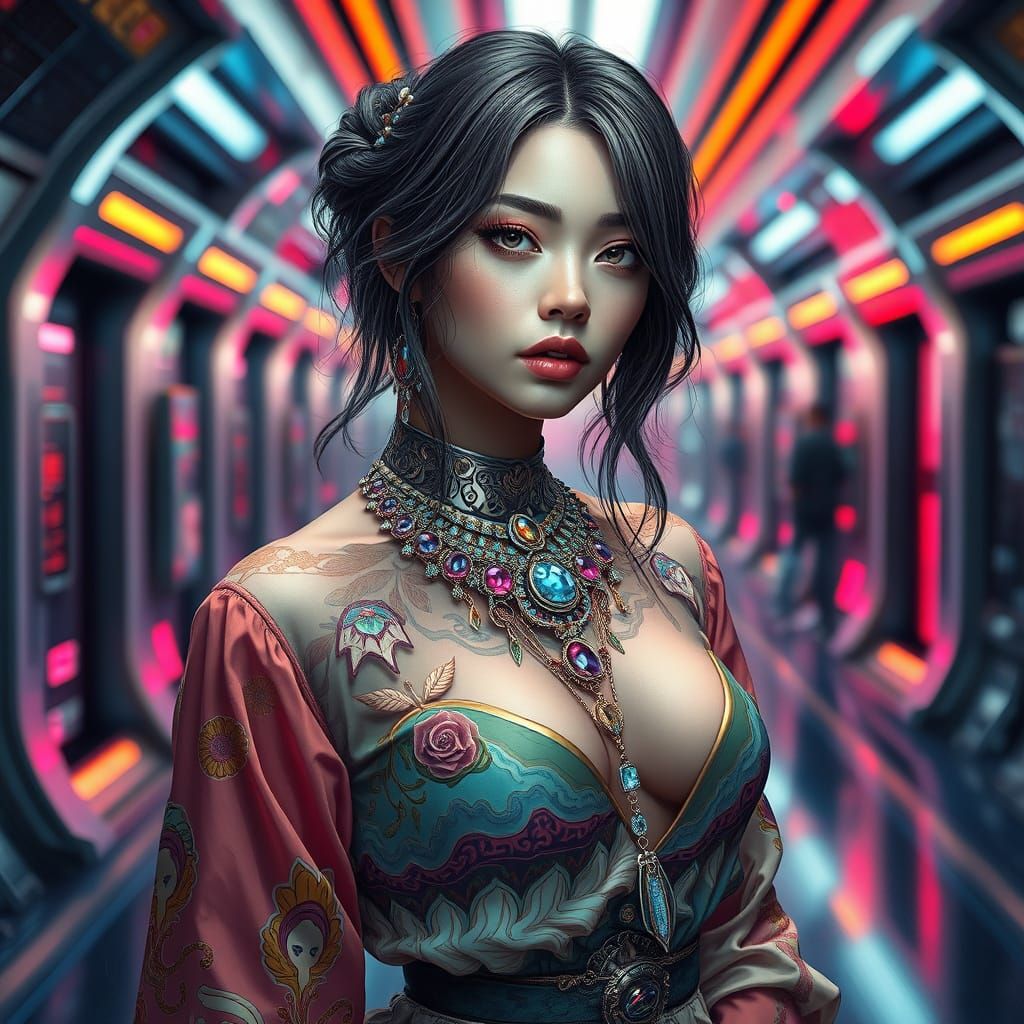 Woman in Cyberpunk Outfit, Hyperrealistic Rendering