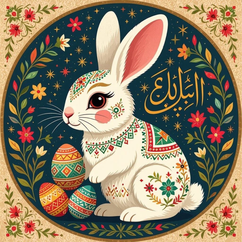 Whimsical Easter Rabbit in Vibrant Gazan Embroidery Style