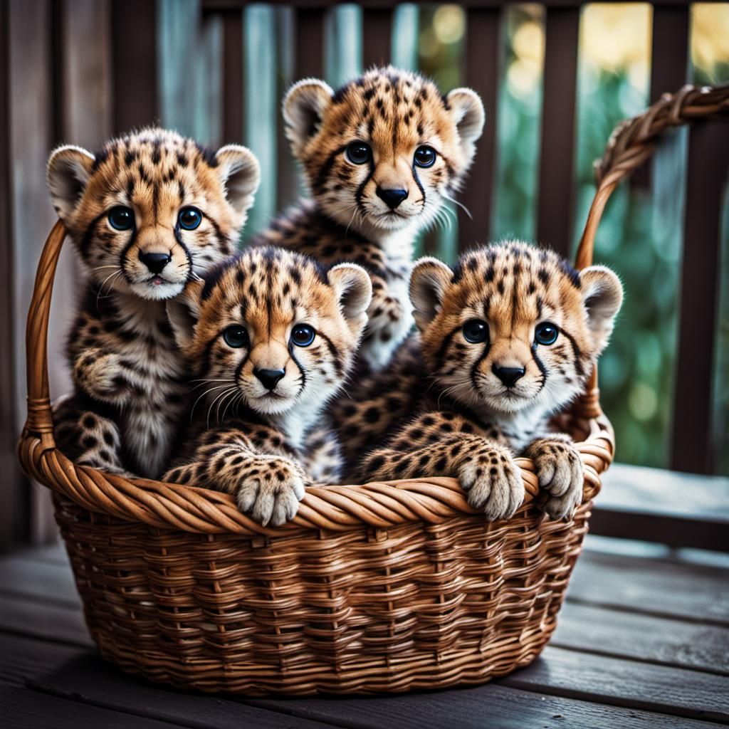 Cute Cheetah Cubs in Basket: Photorealistic Film Still