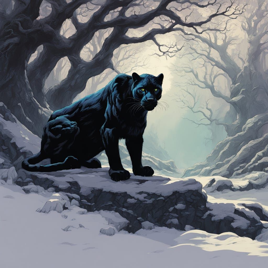 Mystical Black Panther in a Dark Fantasy Forest
