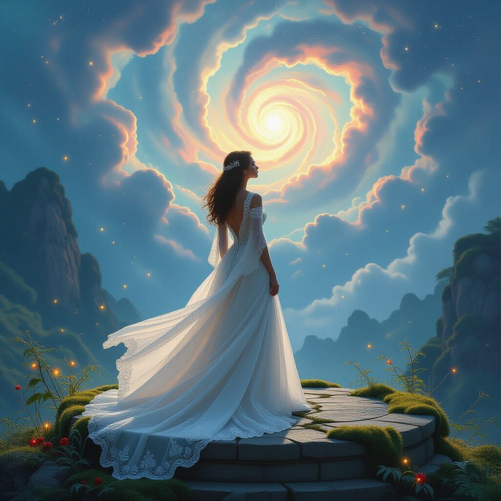 Ethereal Woman Gazing at Nebulae, Impasto Painting