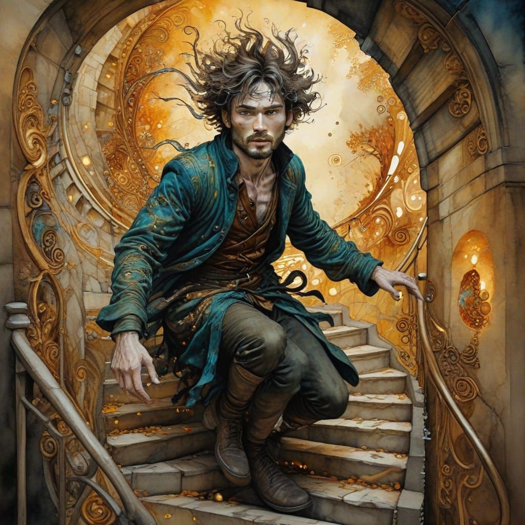 Surreal Vagabond Runs Down a Twisted City Stairway