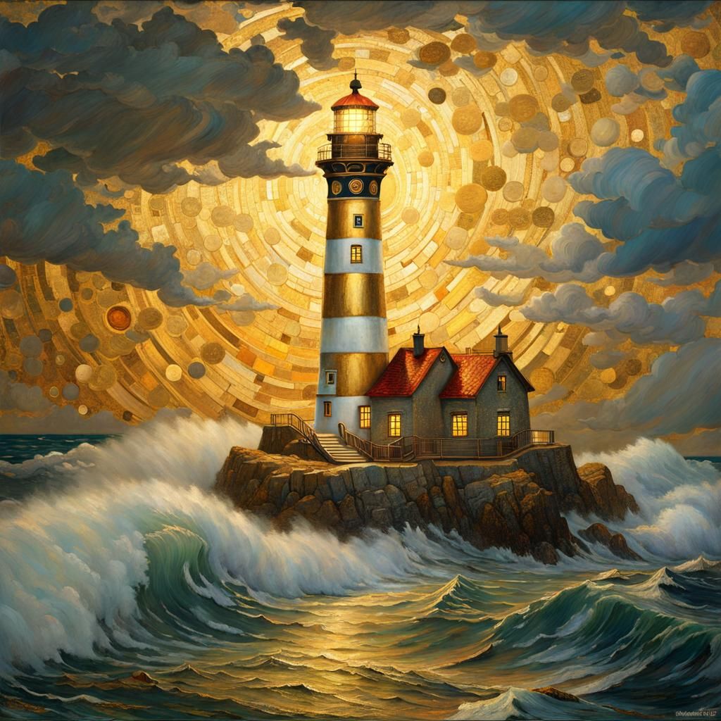 Coastal Lighthouse in Storm, Gold Details, Klimt Style