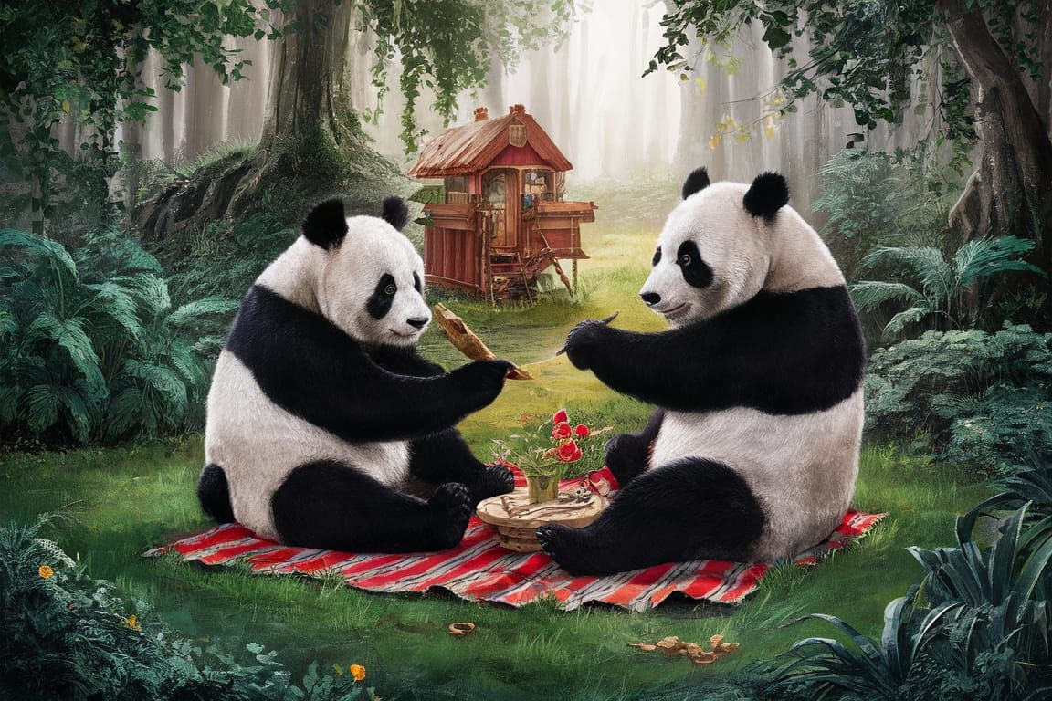 Pandas Picnic in Dark Velvet Style with Gold Leaf
