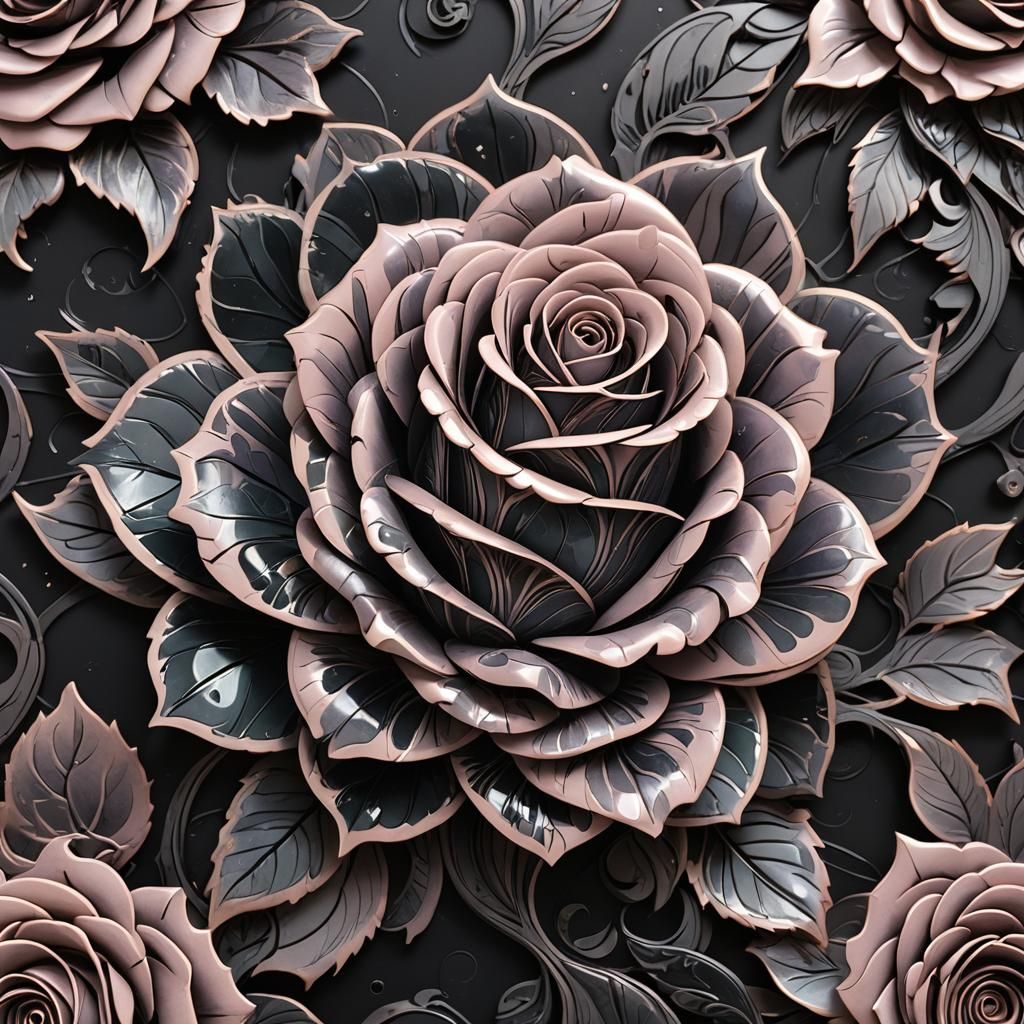 Black Marble Oil Slick Rose Kirigami