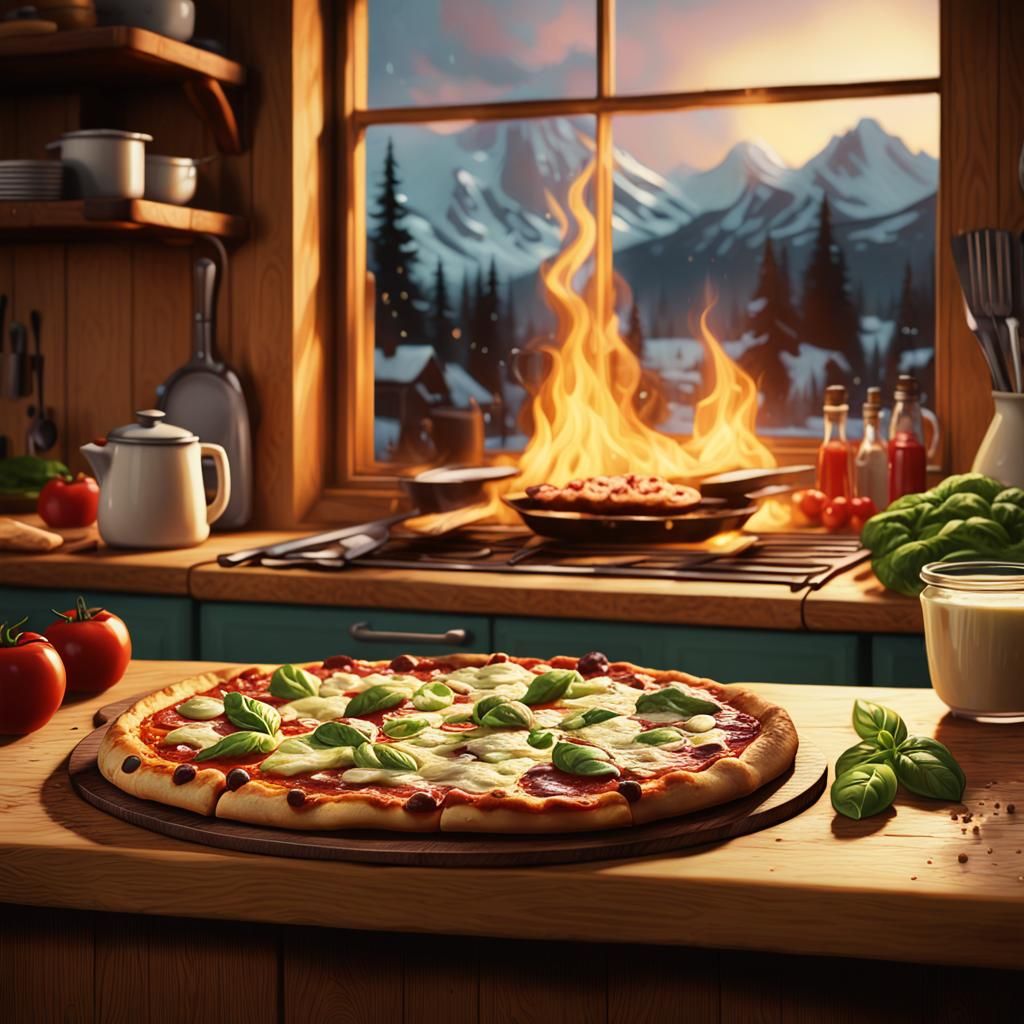 Fresh Pizza in Cozy Kitchen: Matte Painting