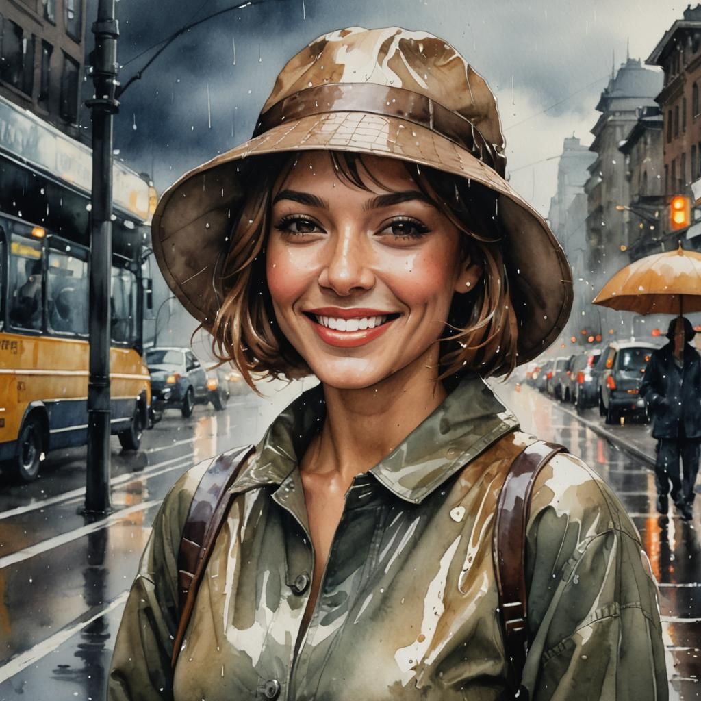 Watercolor Portrait of Woman in Rainy Cityscape