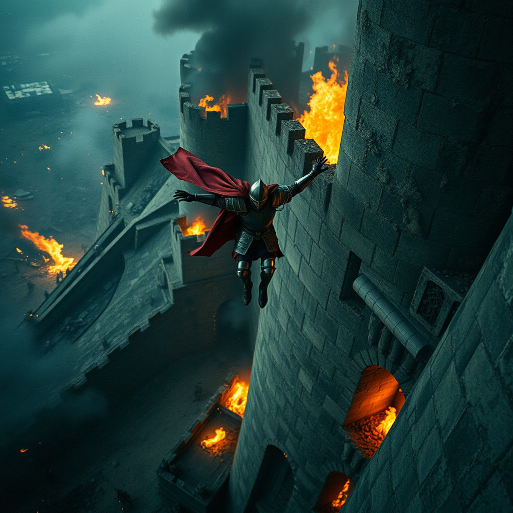 Knight Falls from Burning Castle: Cinematic Film Still
