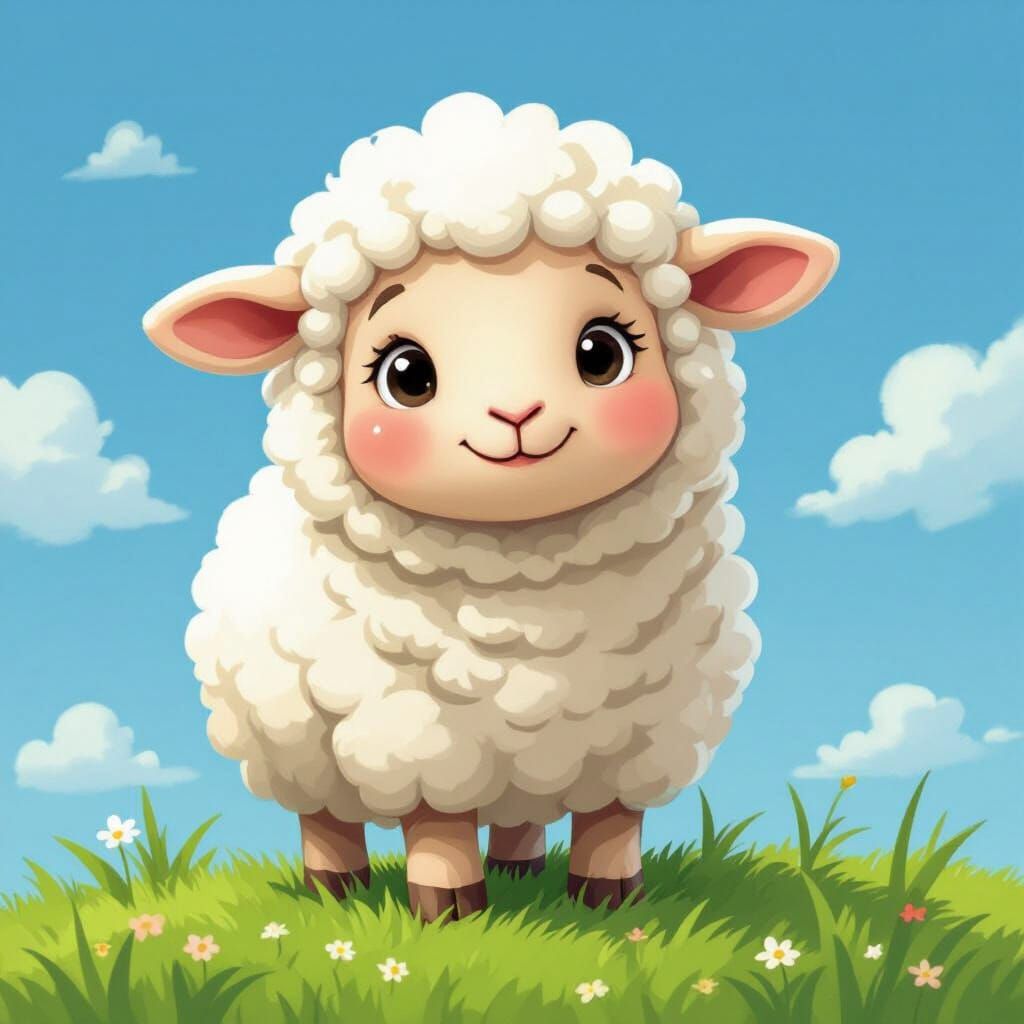 Cute Cartoon Sheep with Fluffy Wool