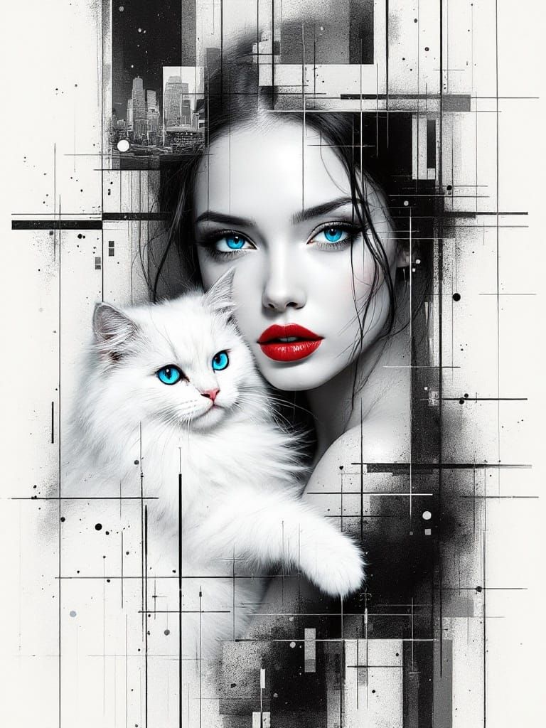 Surreal Portrait of a Woman and Cat in Monochromatic Citysca...