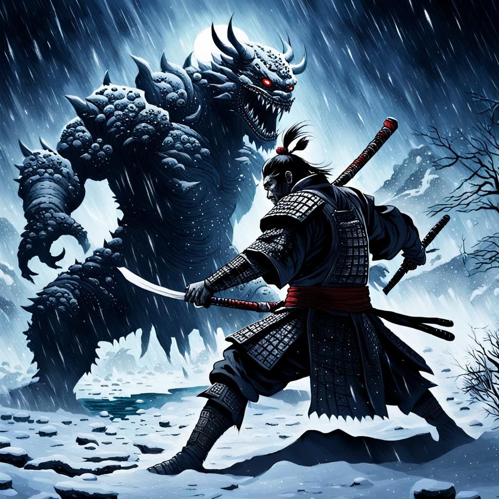 Samurai Warrior vs Yokai Kaiju in Snowy Field