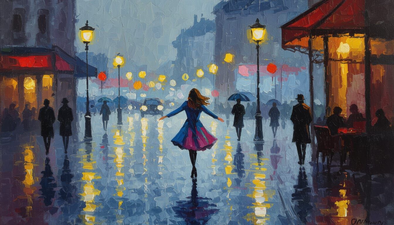 Rainy City Dance Impressionistic Oil Painting