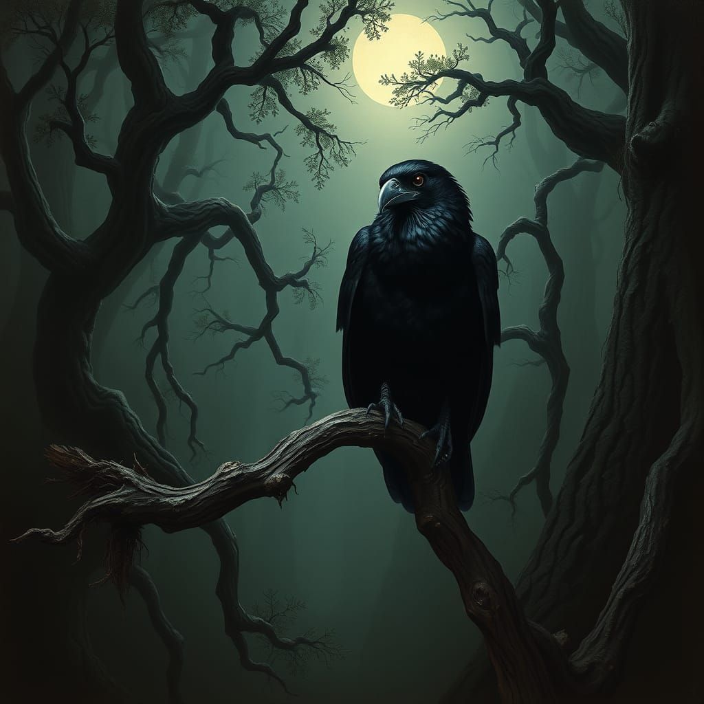 Majestic Crow Amidst Dark Forest Canopy