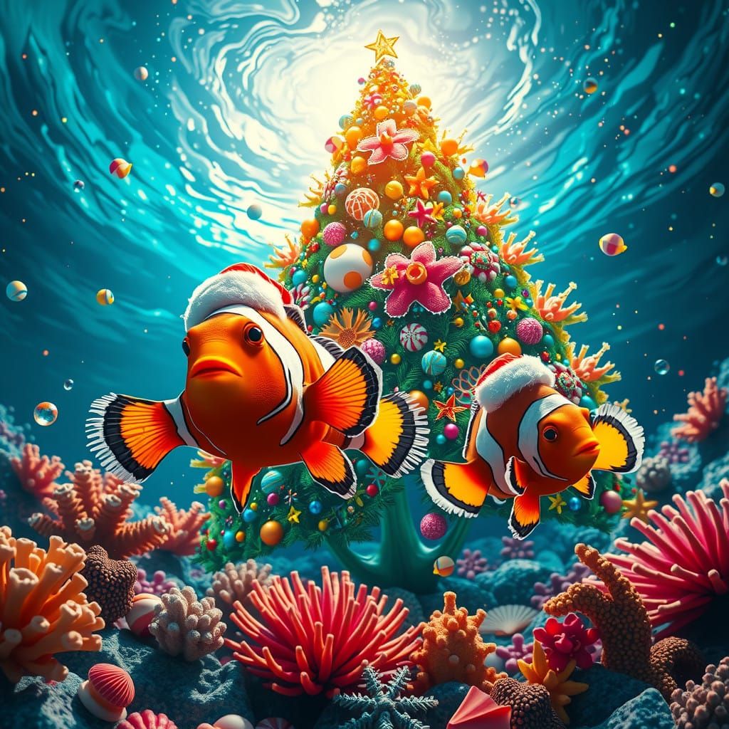 Surreal Hyperrealistic Christmas Underwater Scene with Clown...