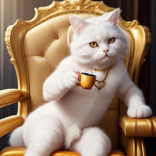 Prince Cat Sipping Coffee in Golden Chair