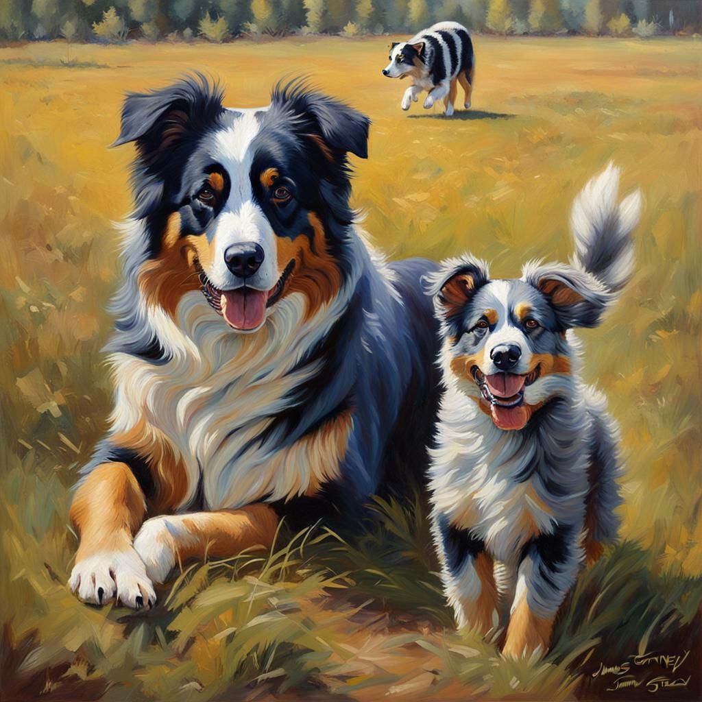 Australian Shepherd and German Shepherd Oil Painting