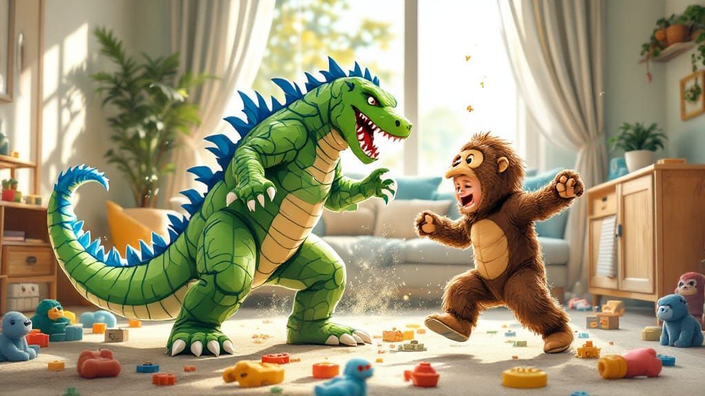 Kids' Monster Battle in Cozy Living Room