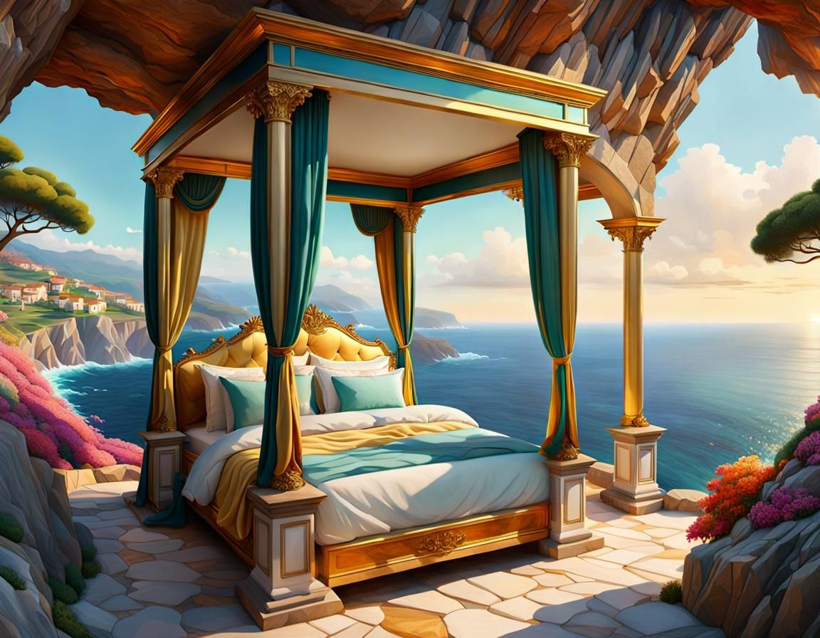Luxurious Bed on Rocky Cliffside with Ocean View