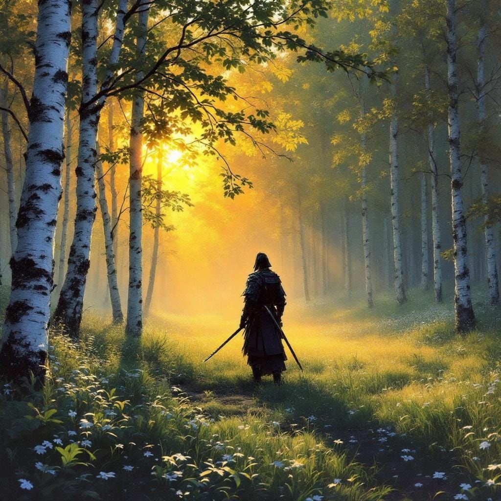 Samurai in Dawn Landscape with Math Glyphs