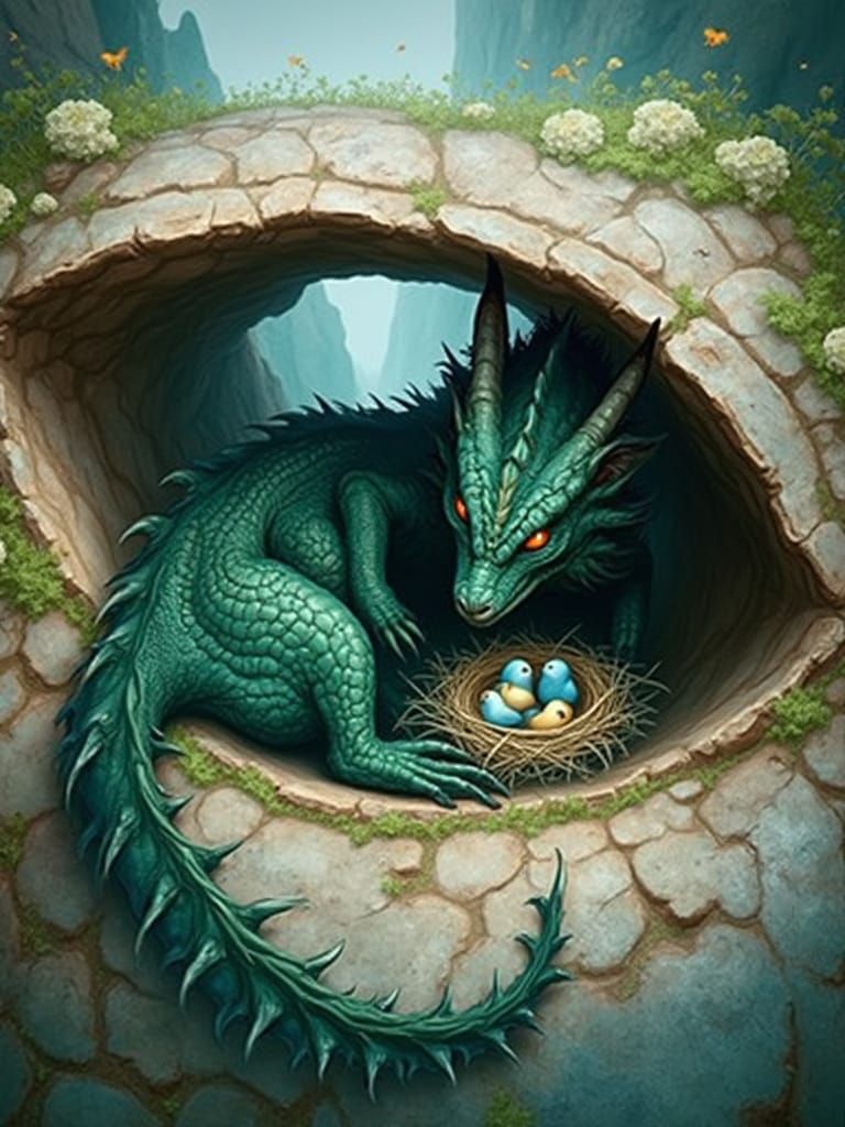 Dragon Protecting Bird Nest in Mountain Crag