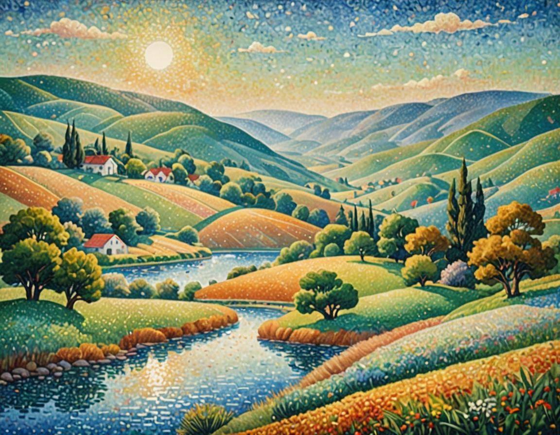 Pointillist Countryside Landscape in Impressionist Style