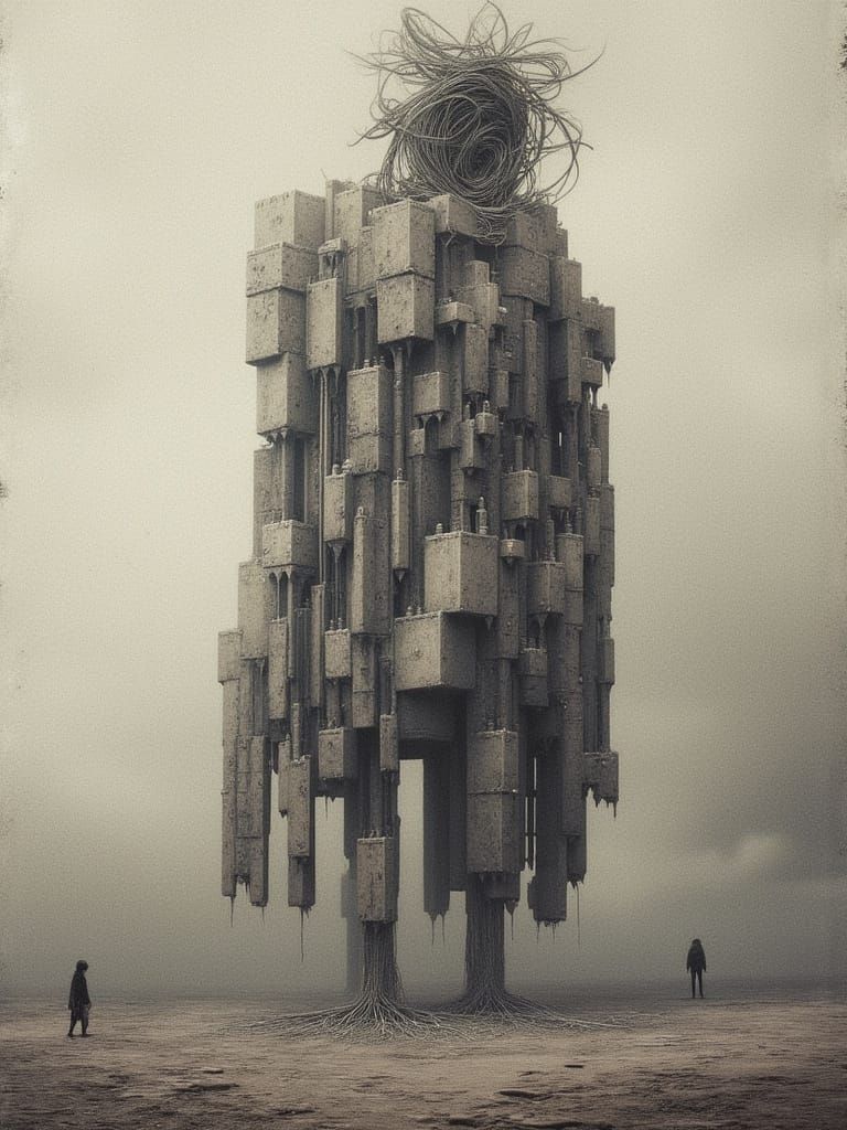 Giant Cracked Mechanical Man in Desolate Atomic Landscape