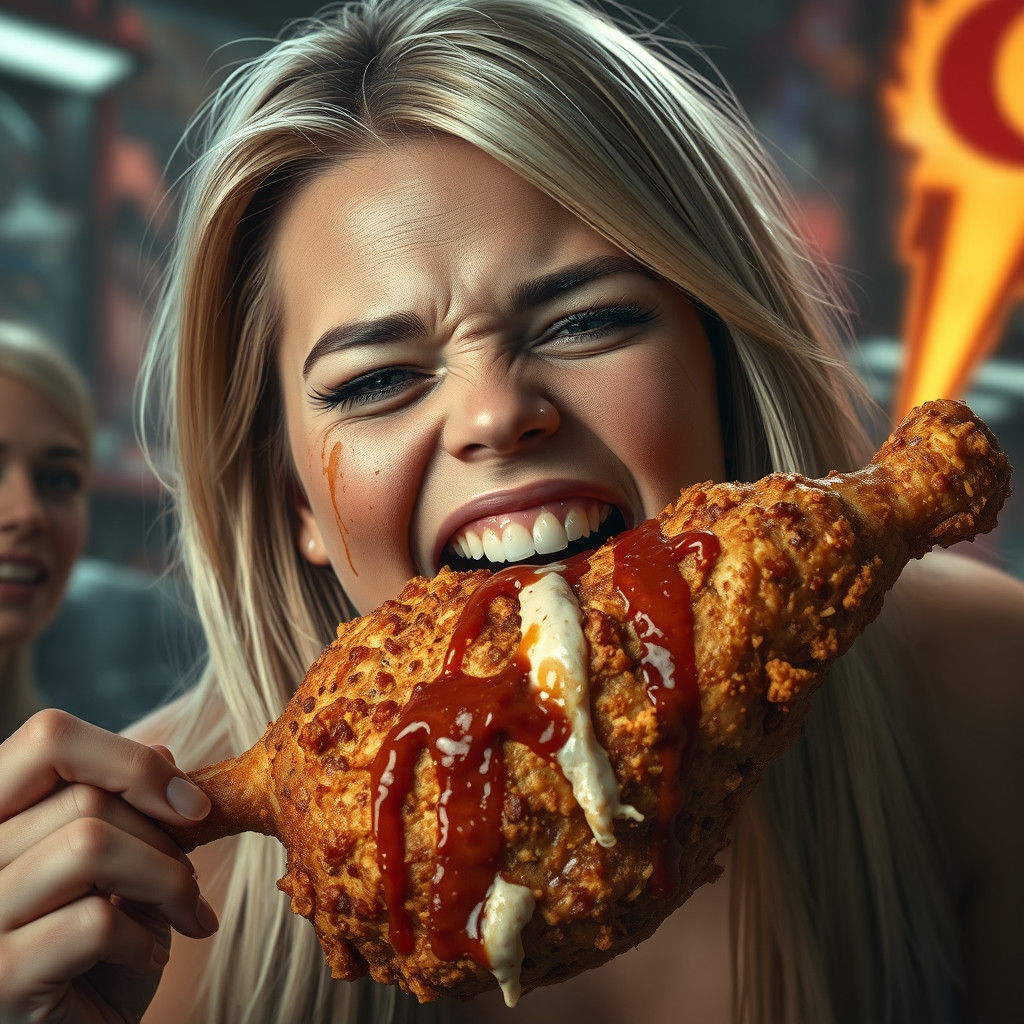 Woman Enjoys Fried Chicken Leg: Matte Painting Style