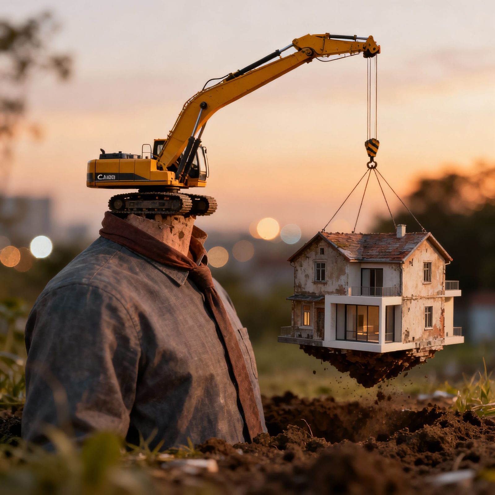 Surreal Crane Head Lifts House from Earth at Sunset
