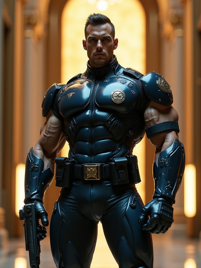 Cyborg Cop in Opulent Lobby, Cyberpunk Noir Style