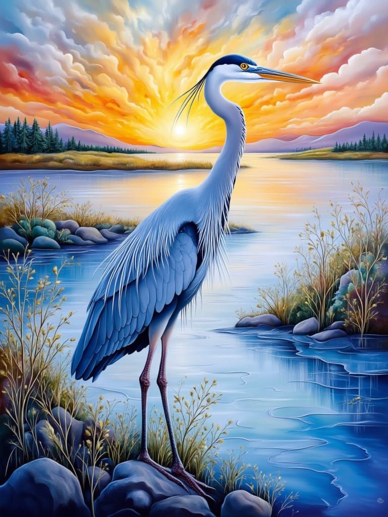 Great Blue Heron in Estuary, Neo-Impressionist Oil Painting