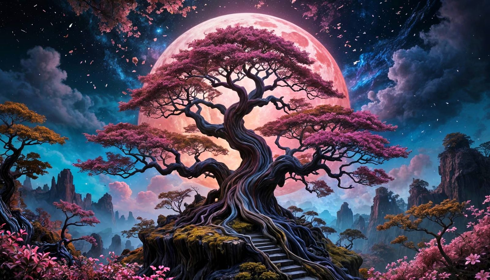 Surreal Bonsai Treehouse in Vibrant Moonlit Fantasy