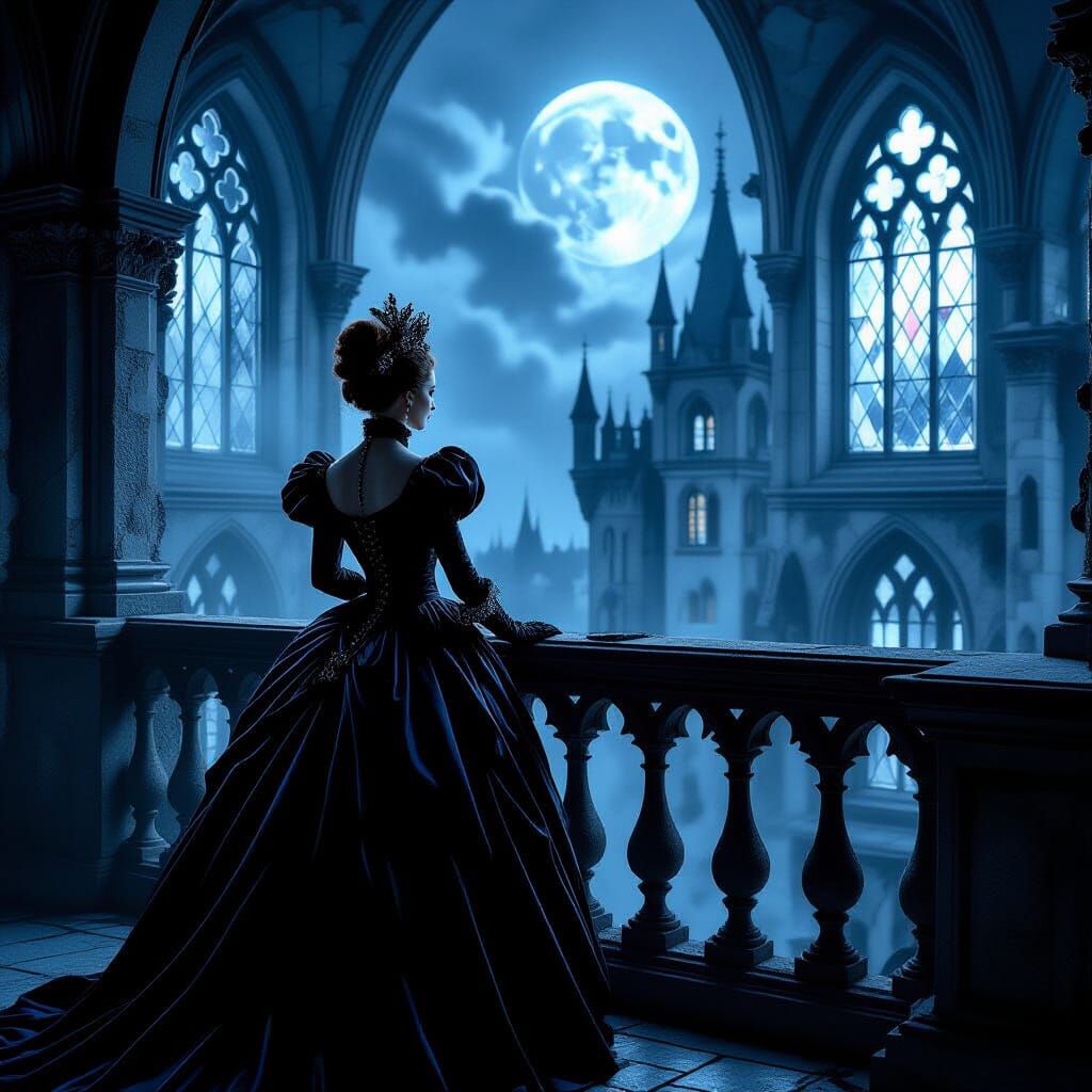 Regal Princess in Victorian Attire Surveys Gothic Castle
