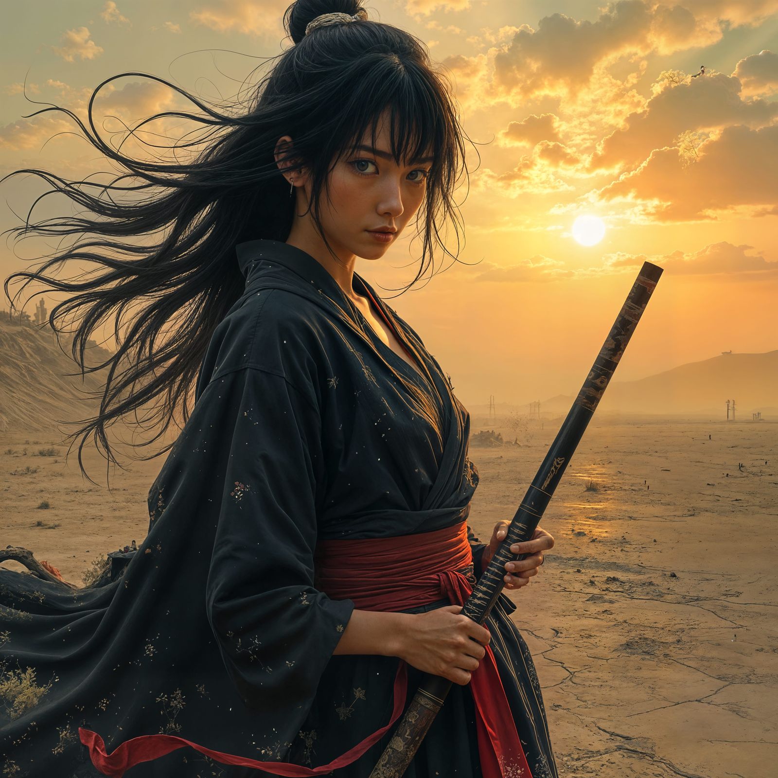 Surreal Japanese Warrior Stands in a Gritty Wasteland