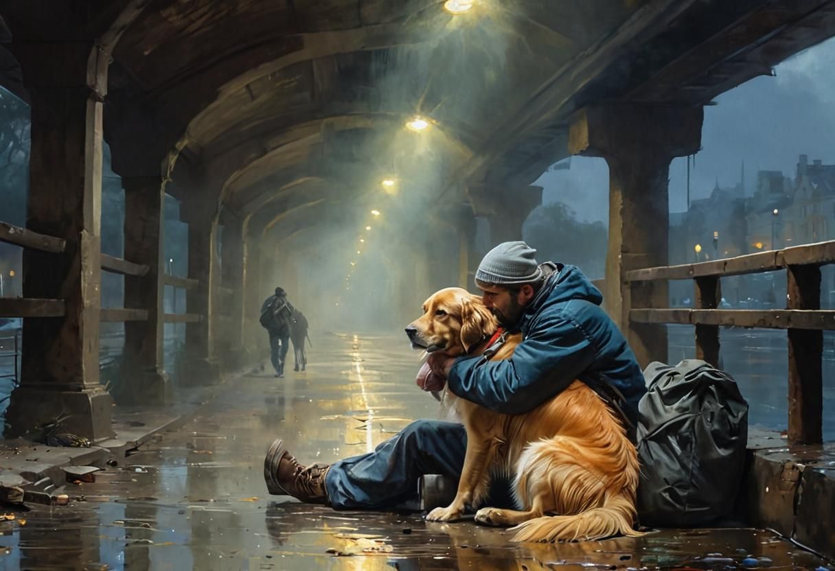 Homeless Man and Dog in Gouache Watercolor Style