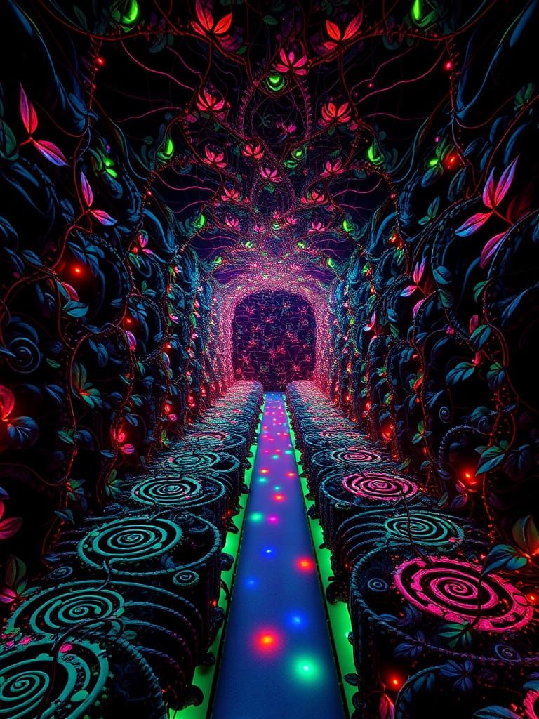 Psychedelic Neon Maze with Fractal Patterns
