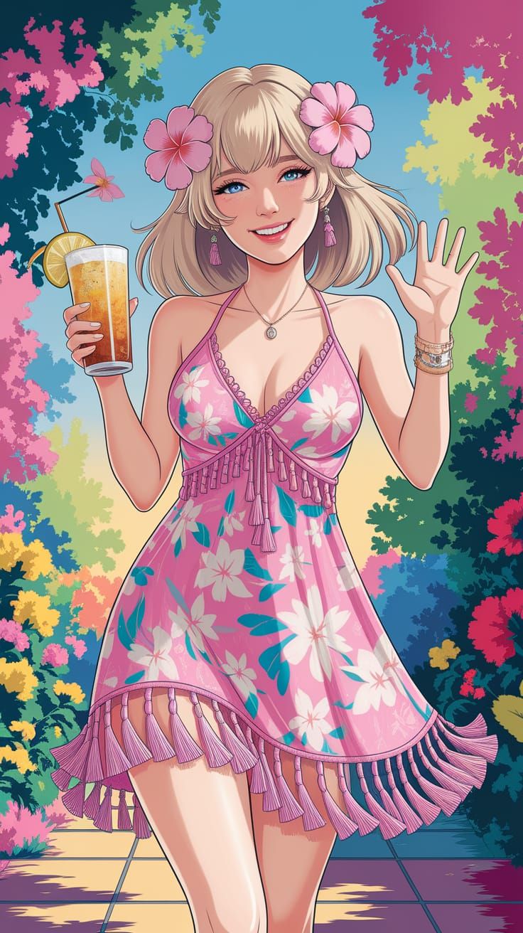 Cheerful Korean Woman in Hawaiian Dress, Anime Style