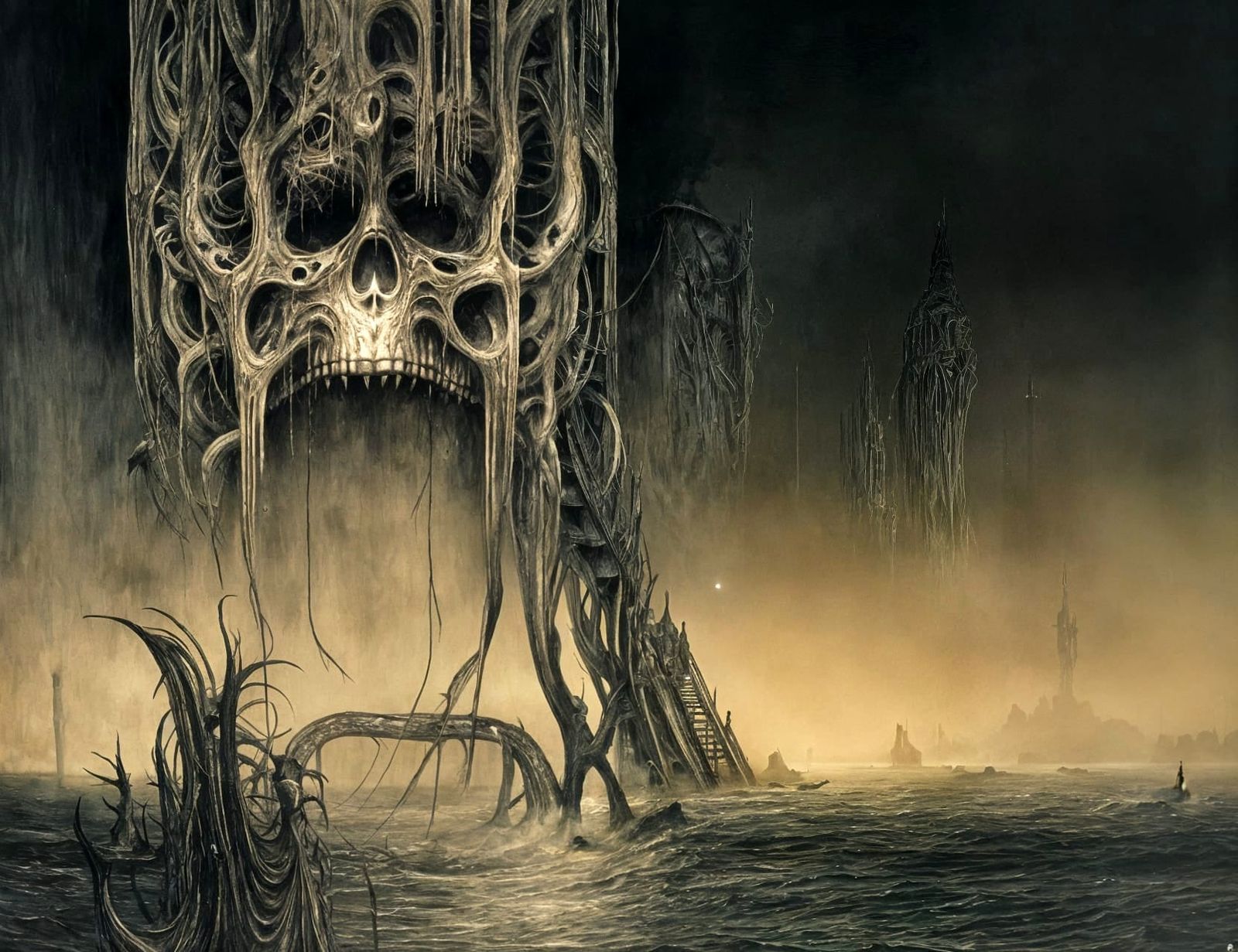 Surreal Ghost Ship at Night in Dark Biomechanical Style