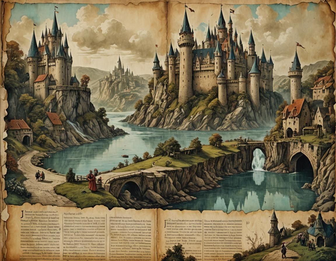 Fantasy Castle River Scene in Vintage Parchment Style