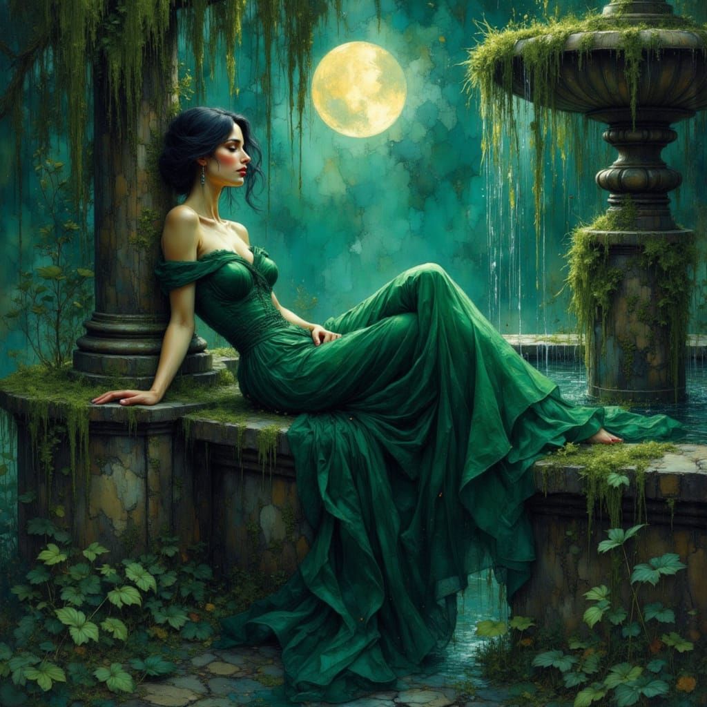 Raven-Haired Beauty in Moonlit Garden